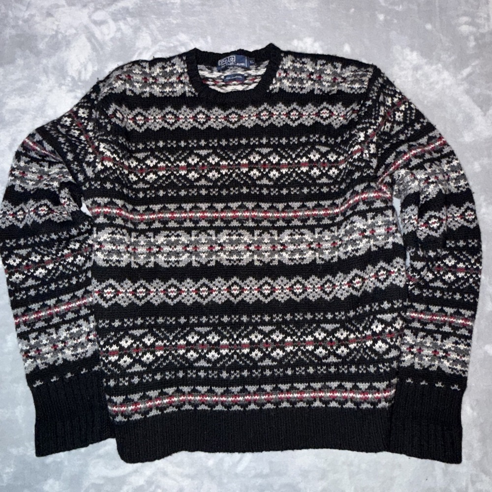 Vintage Polo Ralph Lauren Sweater Mens XL Black Gray Fair Isle Lambswool 90s - Picture 2 of 7